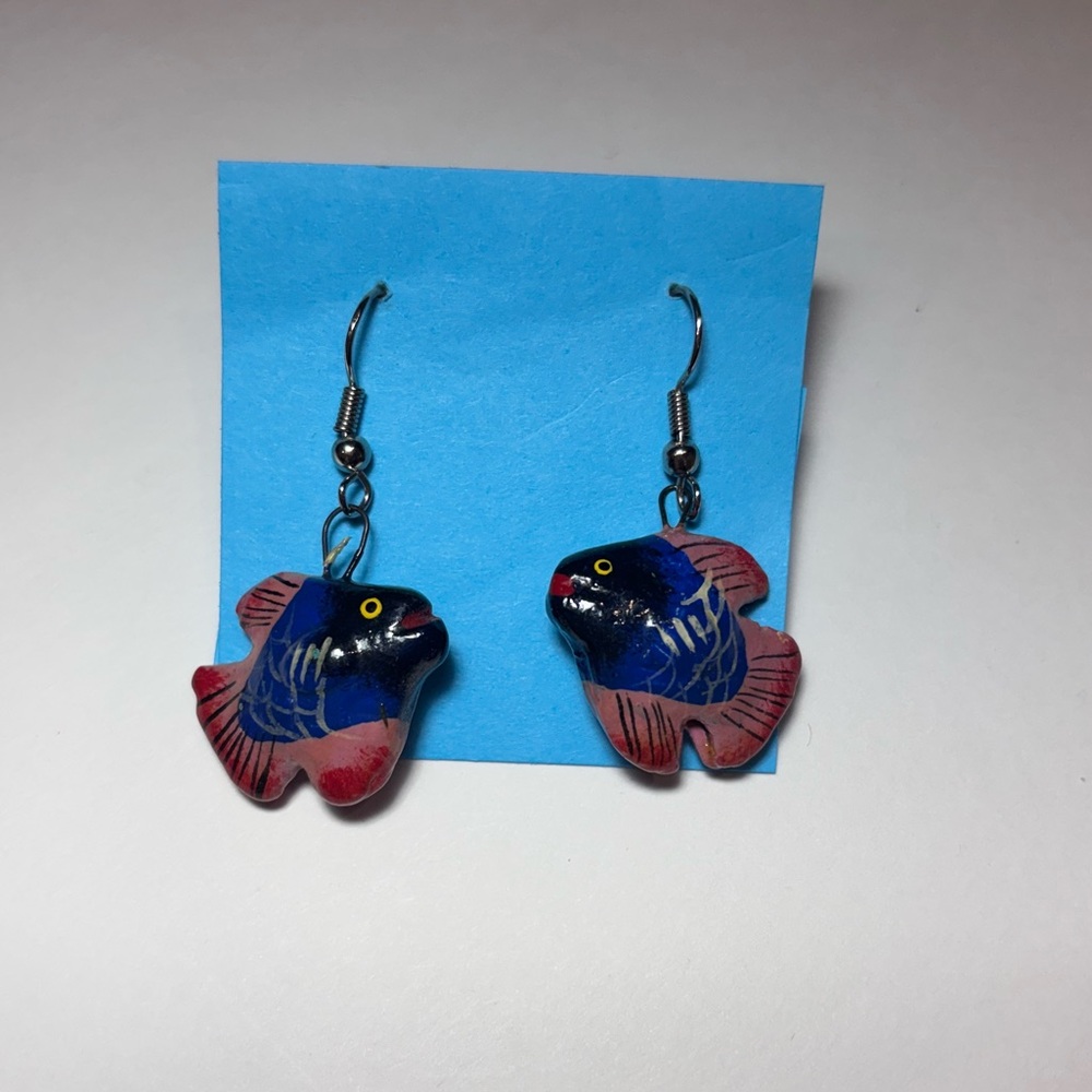 Funky Blue and Red Fish Dangle Earrings